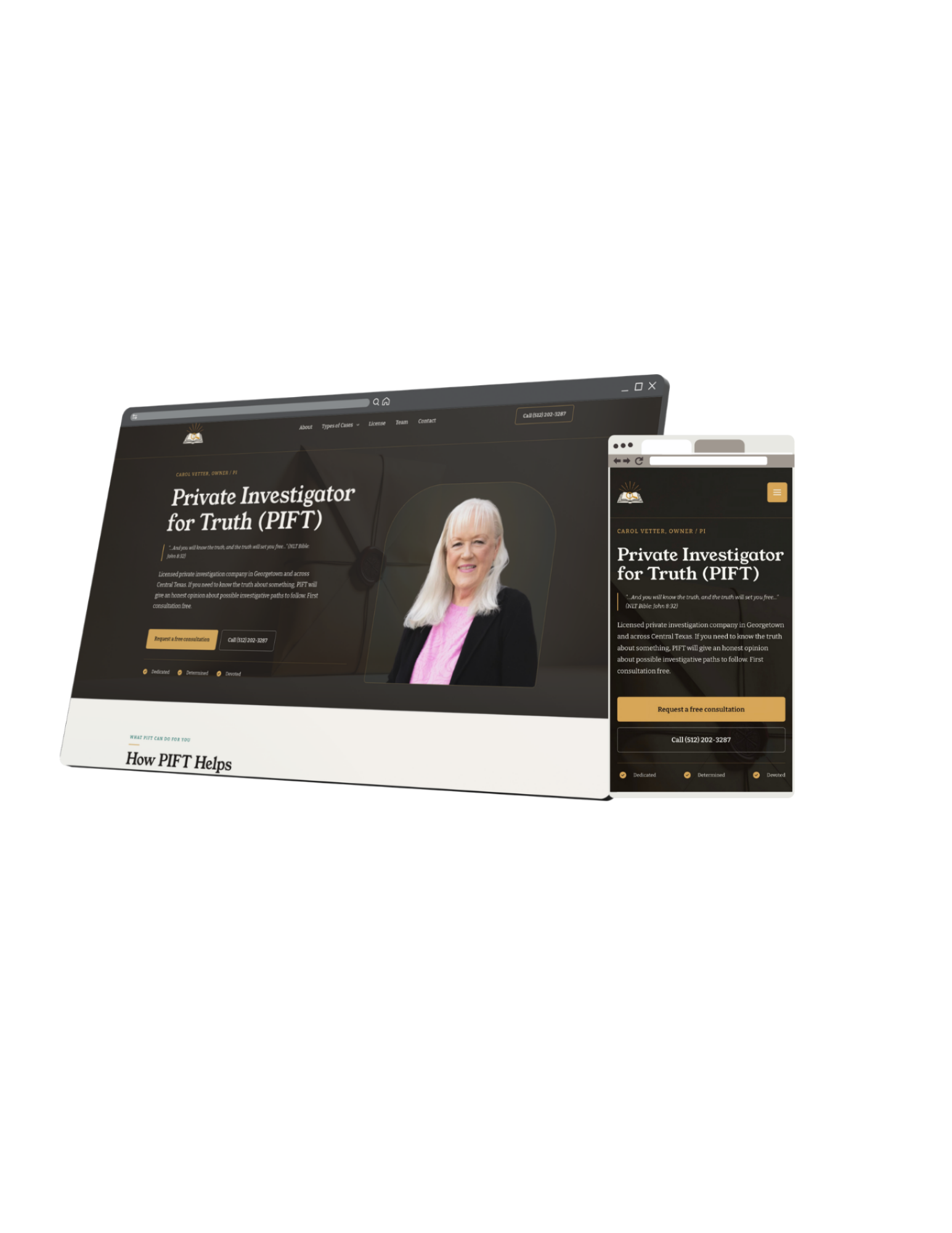 Private Investigator for Truth website shown on desktop and mobile