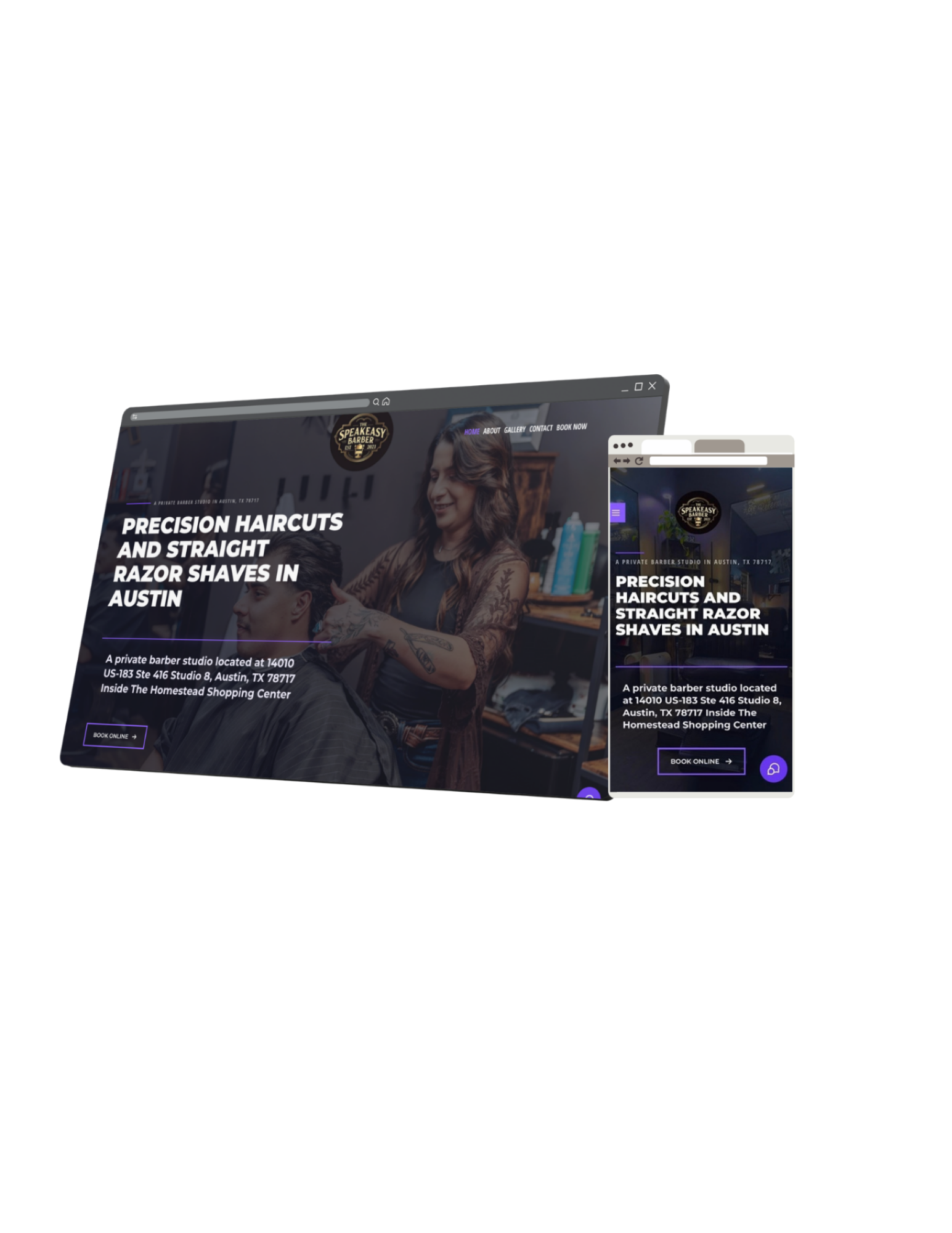 The Speakeasy Barber website shown on desktop and mobile