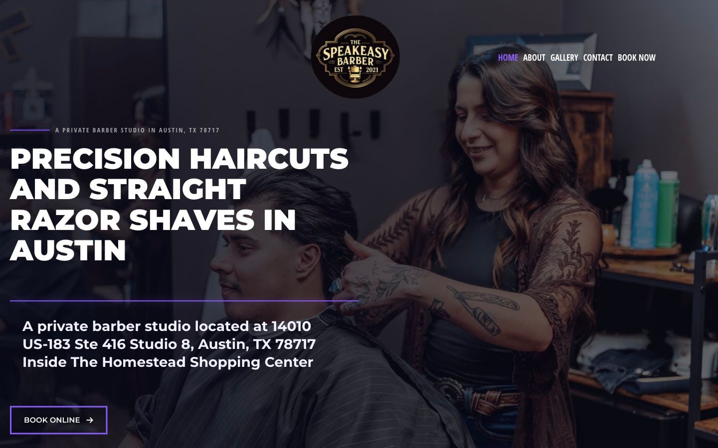 The Speakeasy Barber website after the redesign, with studio photography, service information and booking navigation.